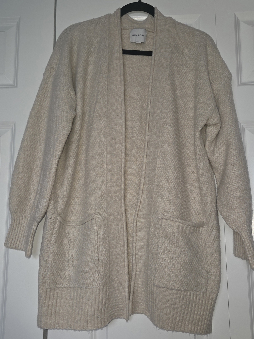 Pink Rose Cream Open-Front Textured Cardigan with Pockets